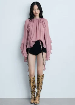 MANGO Krótkie Spodenki|Skóra*Szorty skórzane ze sznurowanymi rozcięciami