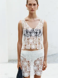 MANGO Topy*Szydełkowy top z motywem kwiatów